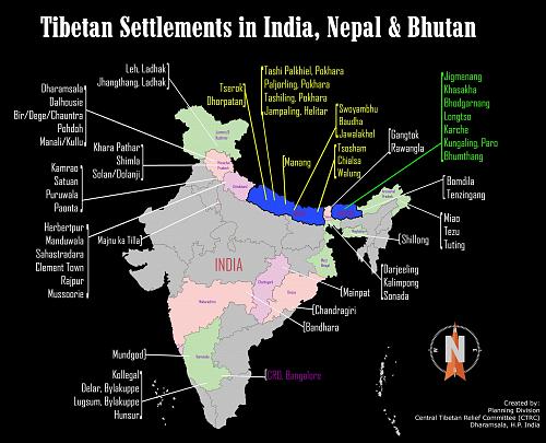 Emplacement des camps de réfugiés tibétains en Inde, au Népal et au Bhoutan. [Voir en ligne (via le lien cliquable Settlement map)->https://centraltibetanreliefcommittee.net/settlements/]. 
